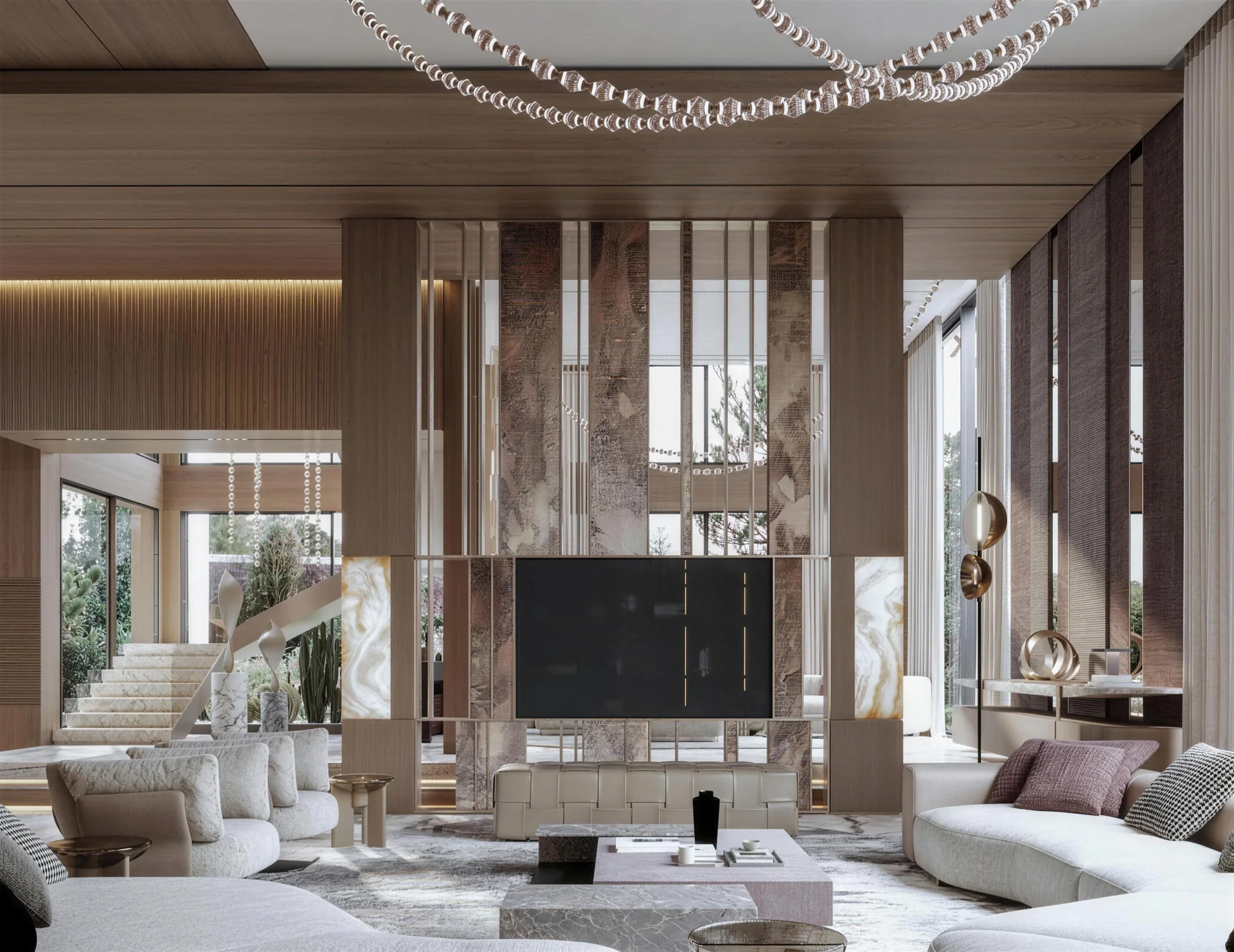 Double-height living room of the Golf Homes Villa in Arabian Ranches, designed by LEI Interior Design